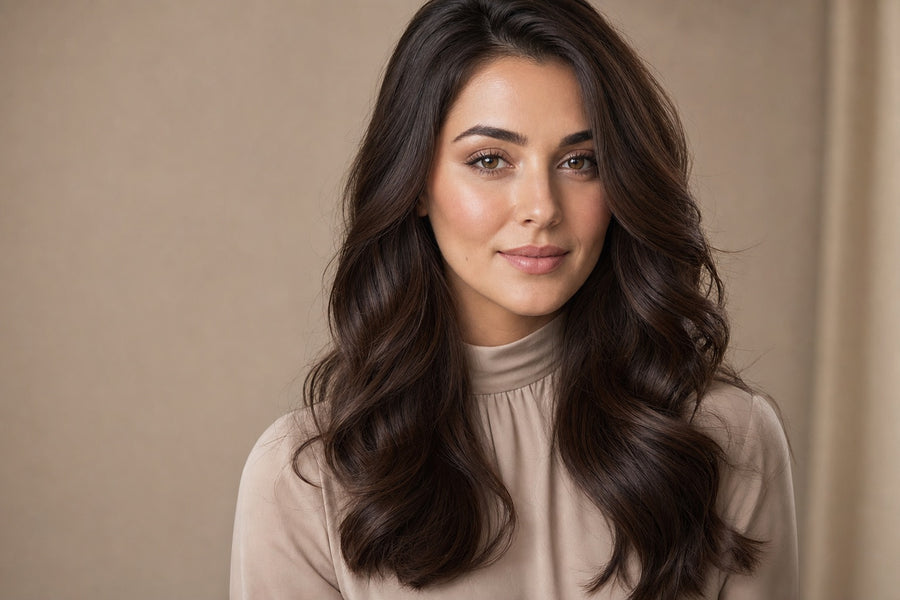 An elegant glamorous brunette woman with long, glossy voluminous hair.