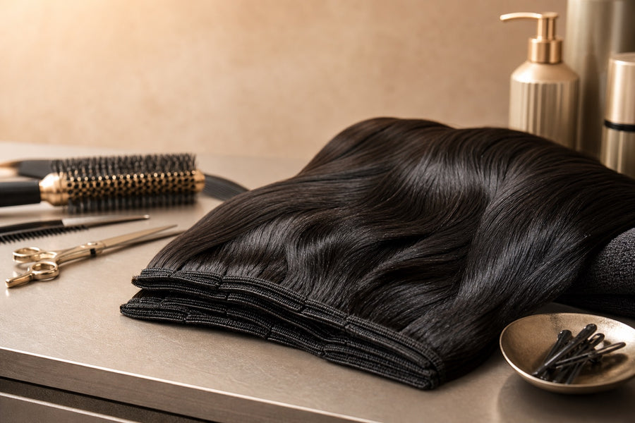 A refined salon detail of organized glossy hair wefts at a styling station.