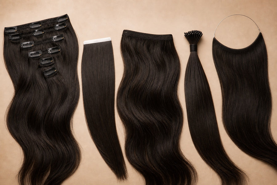A spread of hair-extension types: clip-in, tape-in, sew-in weft, i-tip, and halo.