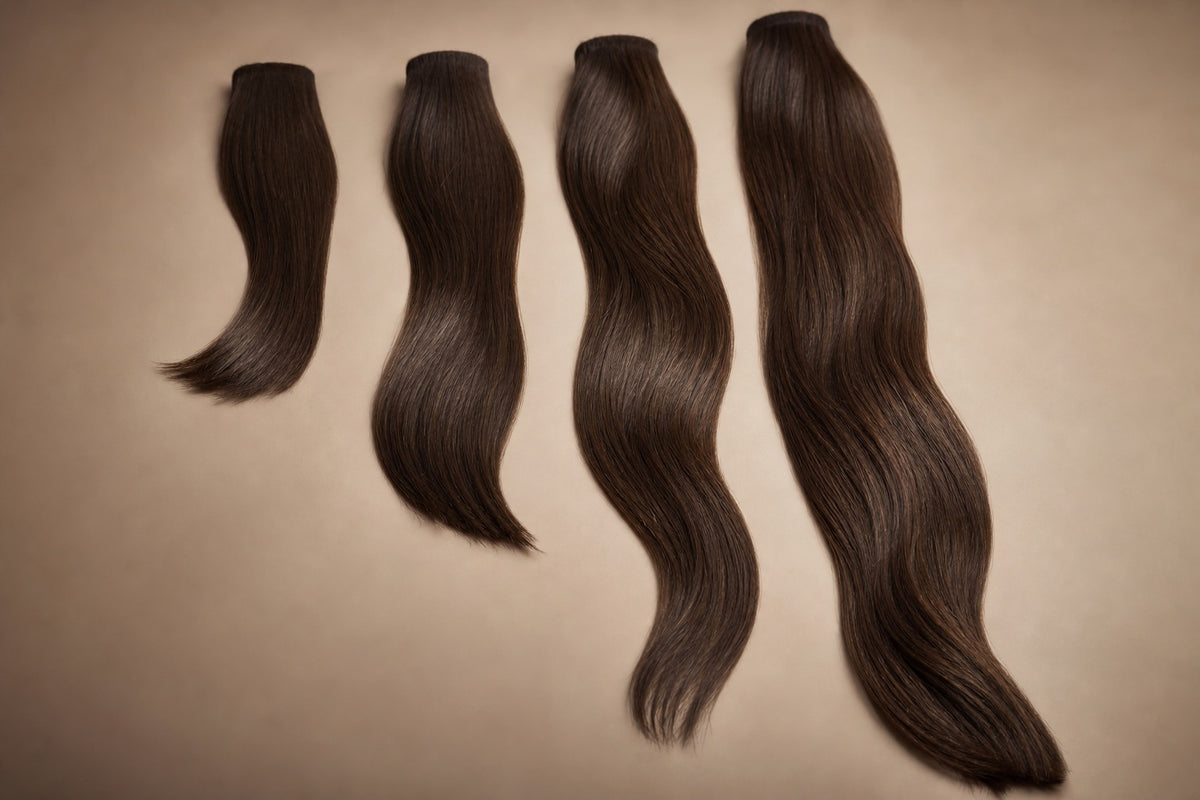 Graduated lengths of human hair laid out from short to long.