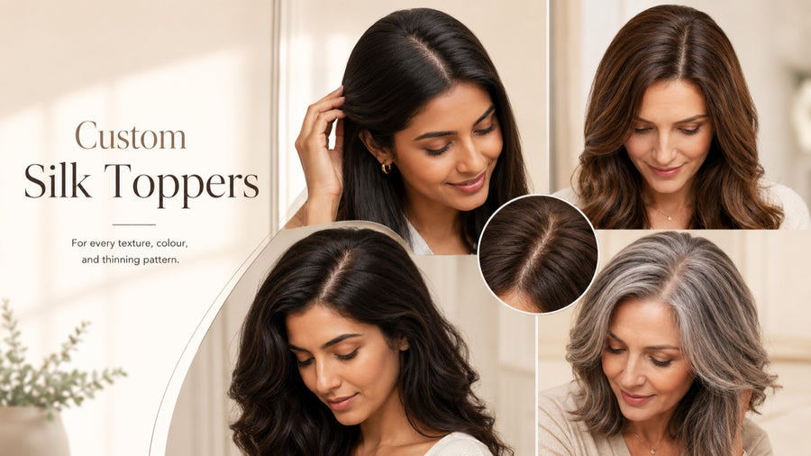 Custom silk hair toppers shown on women with Indian, brunette, dark wavy, and grey salt-and-pepper hair — coverage for every texture, colour, and thinning pattern