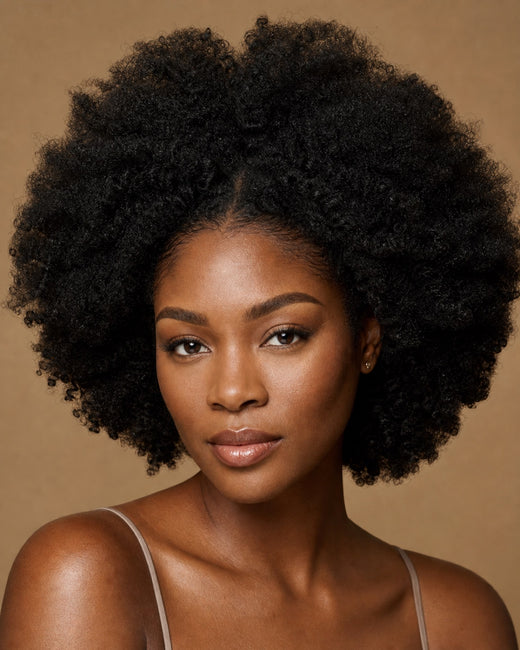 Black woman with thick natural-black afro hair and a clean natural part, showing the achievable look