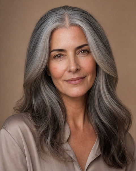 Elegant woman with natural salt-and-pepper grey hair and a flawless middle part, showing the achievable look