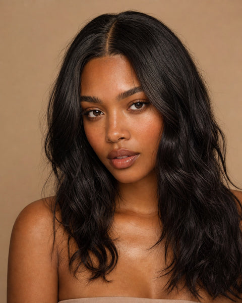 Model with natural-black natural-wave hair and a seamless middle part showing the achievable look