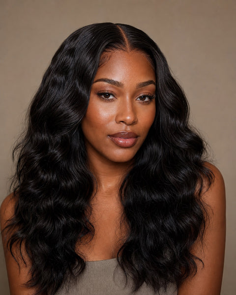 Model with natural-wave black hair and a seamless middle part showing the achievable look