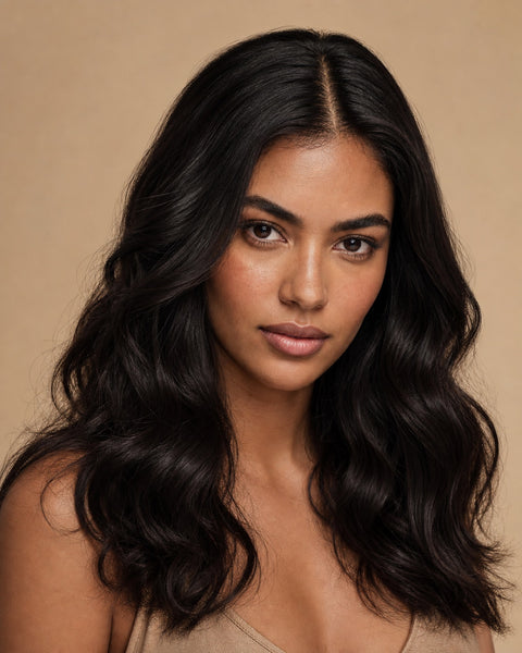 Model with natural-black soft wavy hair and a seamless middle part showing the achievable look