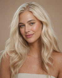 Model with platinum-blonde natural-wave hair showing the achievable look