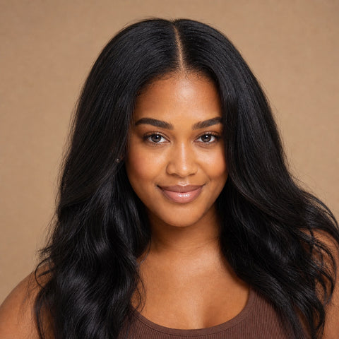 Model showing the achievable look: natural centre part and dense crown