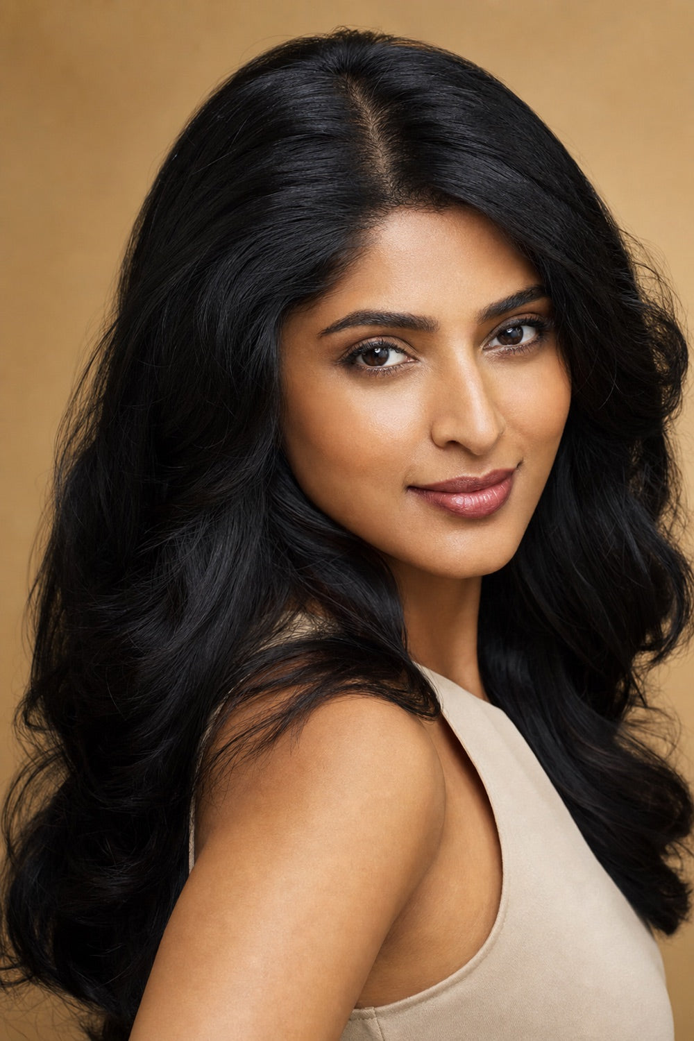 Model showing the achievable look: elegant woman with full, healthy natural-black hair and a seamless natural part
