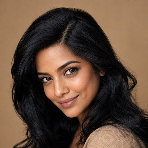Model showing the achievable look: full glossy hair with a dense natural part and healthy crown