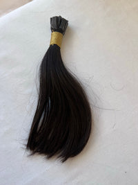 Raw natural black 1B human hair tester tress, 6 inch, gold-bound