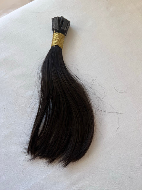 Raw natural black 1B human hair tester tress, 6 inch, gold-bound