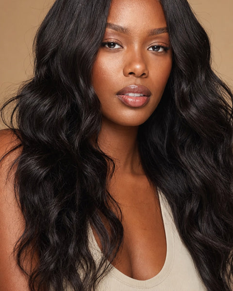 Model with long natural-black loose-wave Jackson wave hair, soft beachy waves