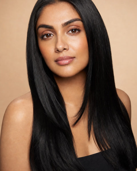 Indian woman model wearing sleek glossy silky-straight jet-black 1B front-lace wig