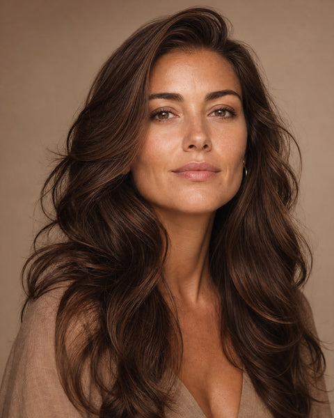 Confident woman wearing a full, healthy chestnut-brown natural-wave wig
