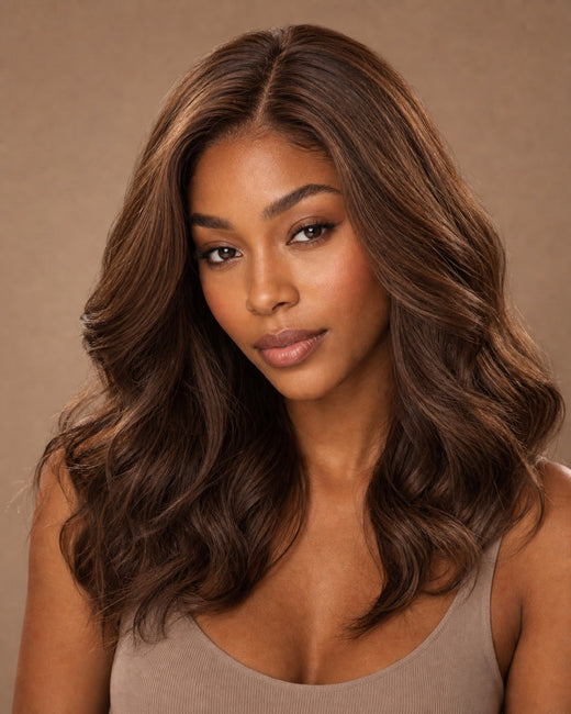 Model wearing chestnut-brown #8 natural-wave full lace wig with mono-top part