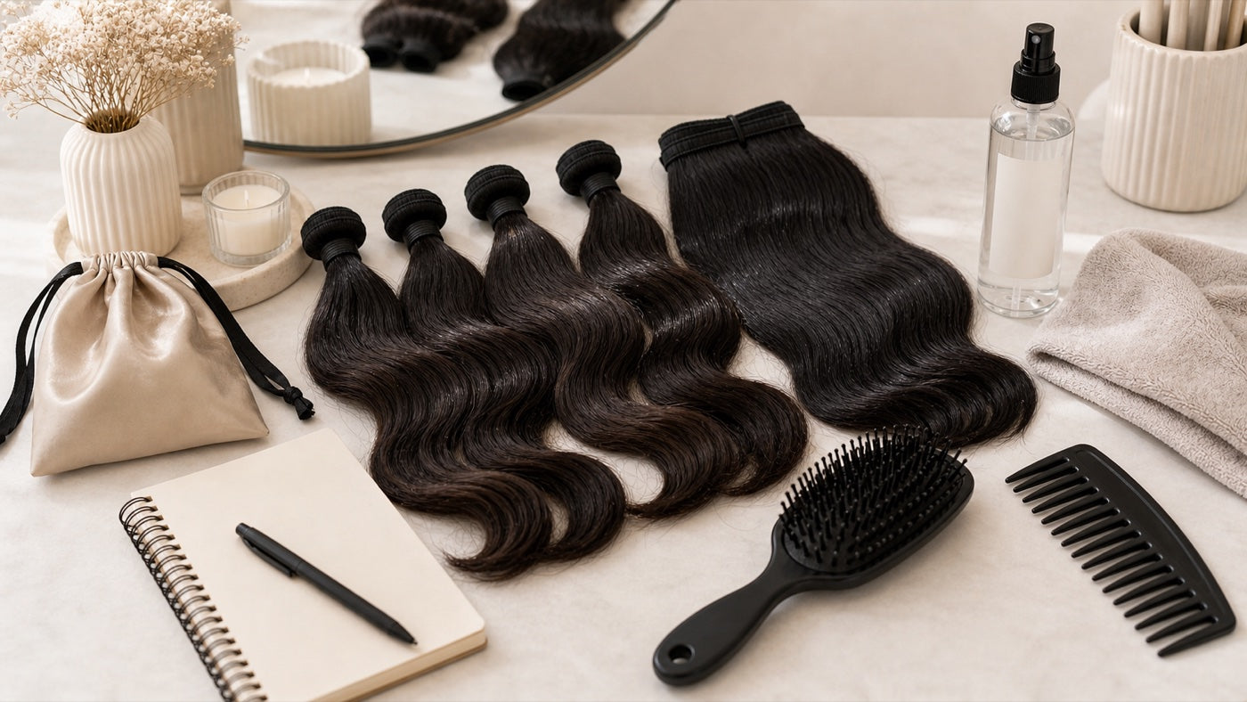Hair extension care setup with brush, comb, towel, and care essentials