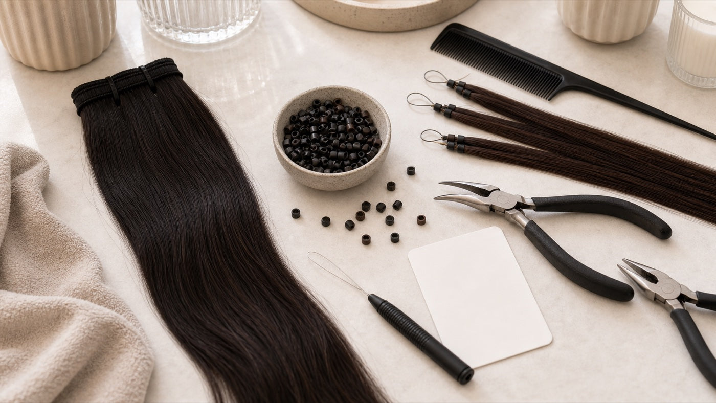 Micro-link maintenance tools with hair samples and extension beads
