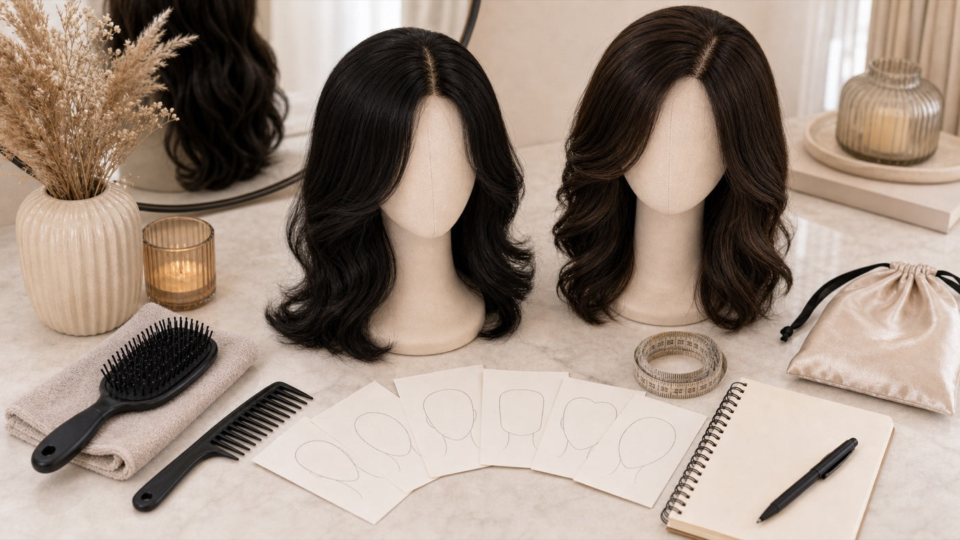 Wig selection consultation setup with hair pieces, brush, and measuring tape