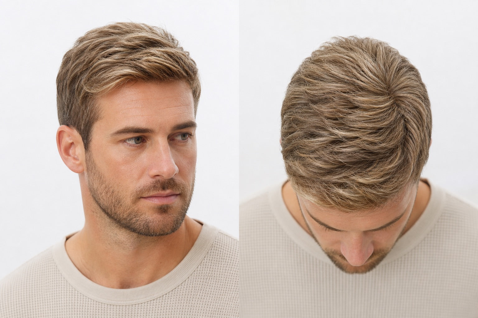 AI styling concept showing a men's hairpiece on a model